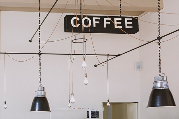 a ceiling inside a cafe